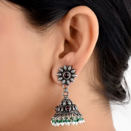 Dotted Floral Stud 92.5 Sterling Silver Earrings With Green Peridot And Pearl Jhumkis