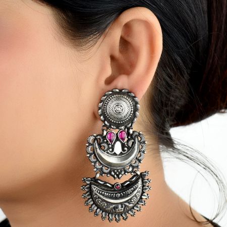 Three Layered 92.5 Sterling Silver Earrings Chandbali design border Floral Stud And Pink Onyx Stone