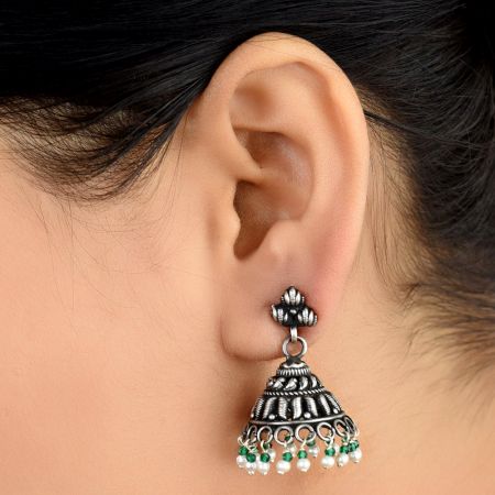 Tribal Style 92.5 Sterling Silver Earrings  Motifs With Green Aventurine And Pearl Tassels