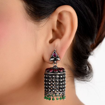 Long 92.5 Sterling Silver Earrings Dome Shape Engraved Oxidized Jhumkis Amethyst stone Green Aventurine Beads