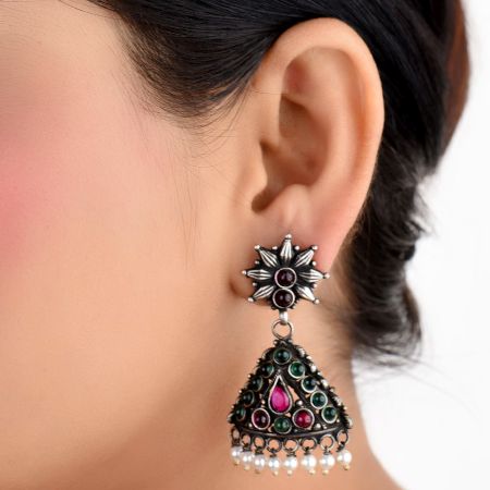 Semi precious Stones Studded 92.5 Sterling Silver Earrings or Jhumki Green Jade Pink Fuchsia And pearl Beads Tassels