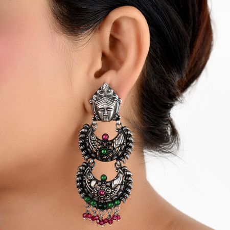 Durga Stud 92.5 Sterling silver Earrings Three Layered Danglers adorned with pink Tourmaline And Green Peridot Stones