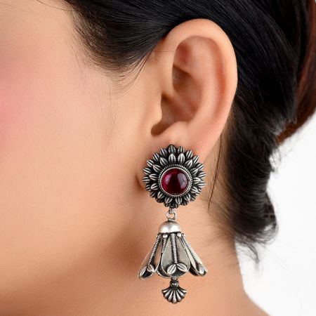 Pink Flower Stud 92.5 Sterling silver Earrings Tourmaline Stone studded Inverted Flower Jhumki
