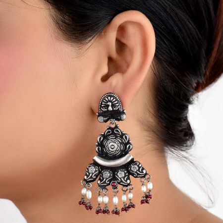 Peacock Stud  92.5 Sterling Silver Earrings Motifs engraved Danglers With Red Chalcedony And Pearl Beads