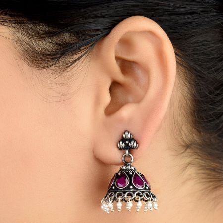 Handmade 92.5 Steling Siver Earrings Ametyst Stone Jhumki With Pearl Beads