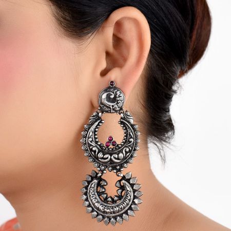 Long Peacock Design 92.5 Sterling Silver Earrings Two Layers Floral Design Pink Fuchsia Chandbali Danglers