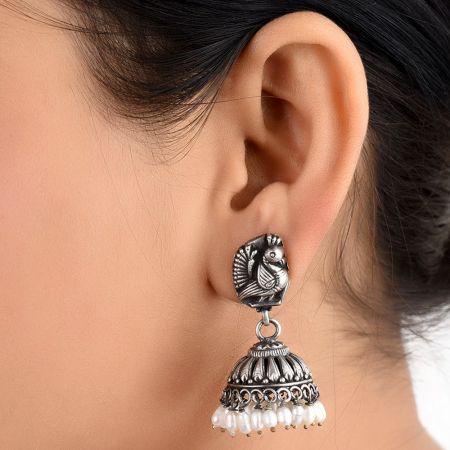 92.5 Sterling Silver Earrings Peacock Engraved Stud Tribal Jhumki Pearl Beads