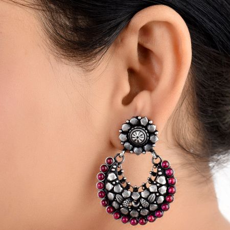 92.5 Sterling Silver Earring Diamond Motifs With Round Pink Jade Chandbali Earrings