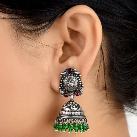 92.5 Sterling Silver Earrings With Engraved Design Fuchsia Jade And Green Onyx Jhumki