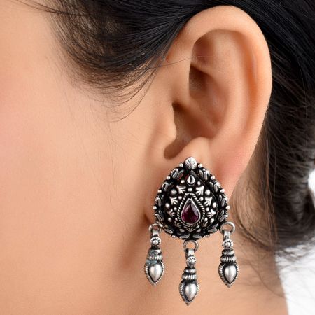 Big Pear Shaped 92.5 Sterling silver Earrings With Amethyst Stone And Three silver Beads Tassels