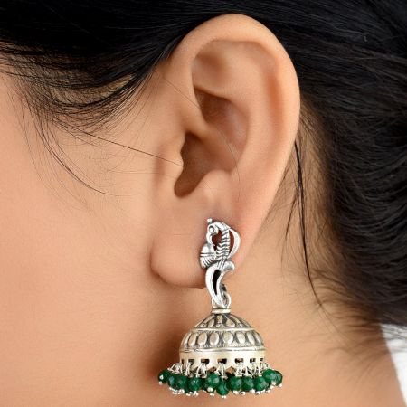92.5 Sterling Silver Earrings Standing Peacock Engraved jhumkis Green Onyx Beads Tassels