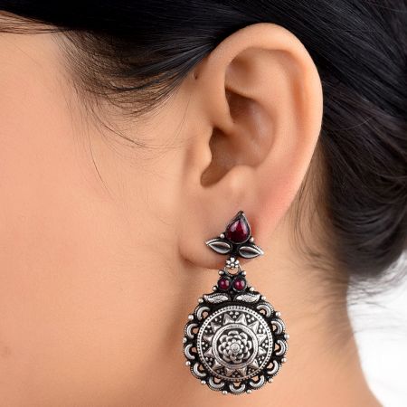 Oxidized 92.5 Sterling Silver Earrings Starry floral Pattern Studded pink jade Danglers