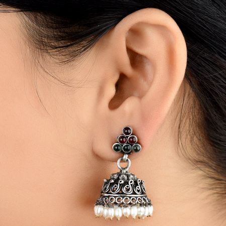 92.5 Sterling Silver Earrings Pink Jade and green Onyx Stone Studded Jhumkis with Pearl Hangings