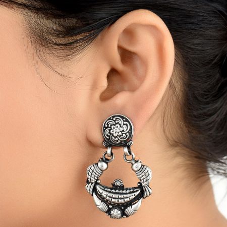 92.5 Sterling Silver Earrings Two Birds Chandbali Floral Design Danglers