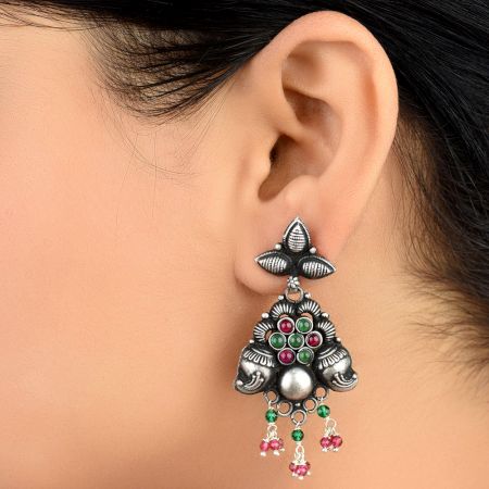 92.5 Sterling Silver Earrings Multicolored Stone Pink Jade Green Onyx Conch And Leafy Pattern Danglers