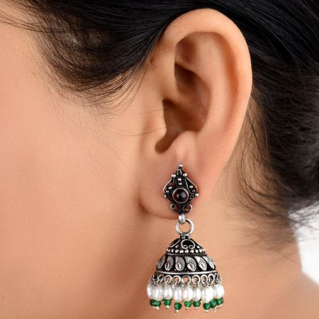 Black Oxidized 92.5 Sterling silver Earrings Tribal Carvings And Design With Pearl Green Onyx Beads Tassels