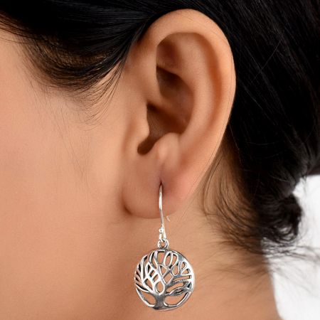 Round 92.5 Sterling silver Earrings Tree of Life in Round Circular Frame
