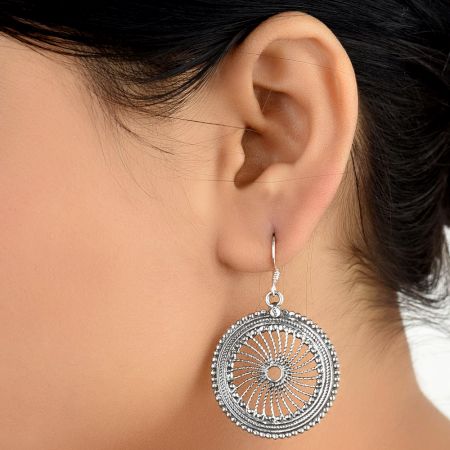 92.5 Sterling Silver Earrings With Wheel Filigree Round Dangler Earrings