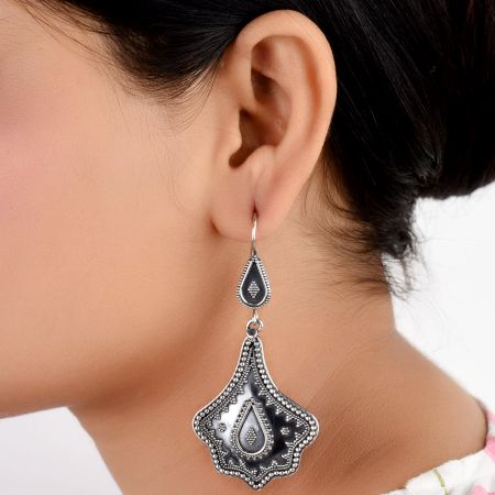 Oxidized 92.5 Sterling silver Earrings Petal Embossed Design Dangler for women