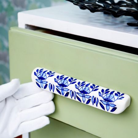 Blue Leaf Floral Ceramic Drawer Handle (Large Size)