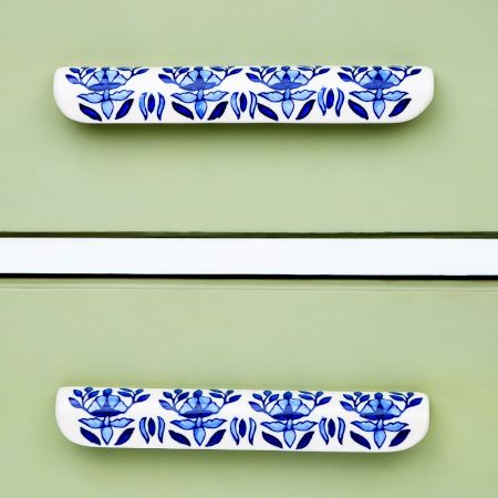 Blue Leaf Floral Ceramic Drawer Handle (Large Size)