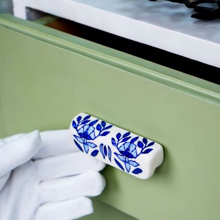 Ceramic Blue Leaf Floral Drawer Handle (Medium Size)