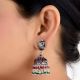 Dual Fish Engraved 92.5 Sterlling Silver Earrings Pink Tourmaline And Green Onyx Stone Jhumki