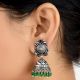 92.5 Sterling Silver Earrings With Engraved Design Fuchsia Jade And Green Onyx Jhumki