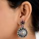 Black Round Star 92.5 Sterling Silver Earrings Embossed Pink Jade Studded Danglers