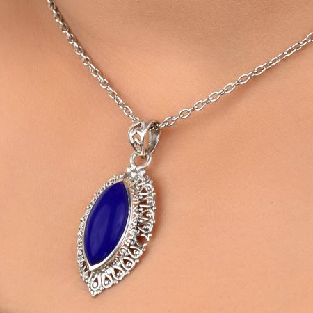 92.5 Sterling Silver Pendant Marquise Shaped Blue Tourmaline Gemstone Pendant
