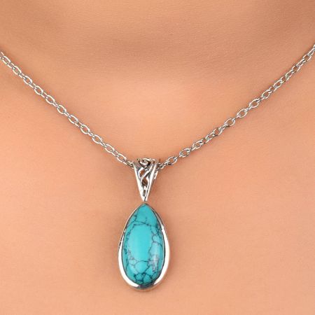 92.5 Sterling Silver Pendant Long Teardrop Shaped Blue Turquoise Gemstone Pendant