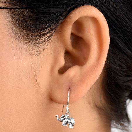 Elephant Charm 92.5 Sterling Silver Earrings Long Hook For Kids And Women