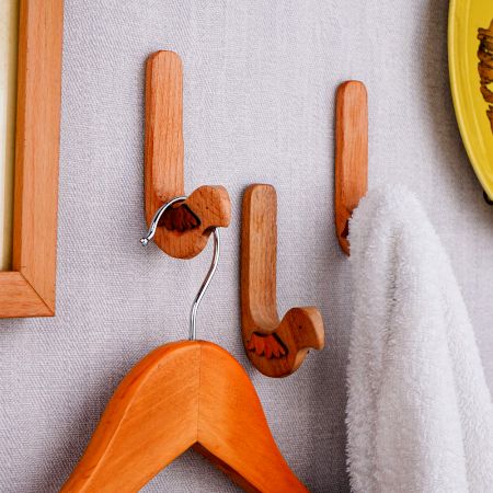 Natural Bird Shape Wooden Adheshive Wall Hook-Pack of 1