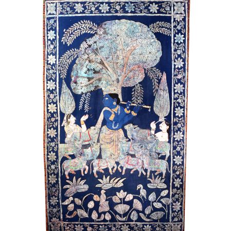 Hand Painted Lord Krishna Golconda Art Cloth Pichwai Painting for Decoration