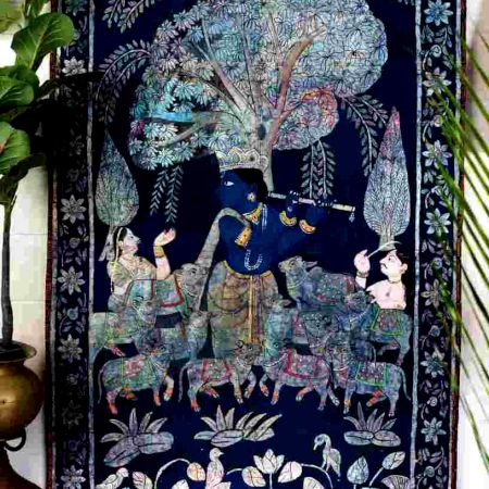 Hand Painted Lord Krishna Golconda Art Cloth Pichwai Painting for Decoration