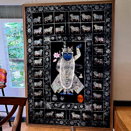 Vintage Cloth Pichwai Painting of Lord Krishna in Golconda Art for Prayer Room