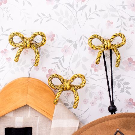 Decorative Gold Bow Metal Wall Hooks- Pack of 3 Pieces
