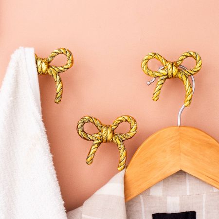 Decorative Gold Bow Metal Wall Hooks- Pack of 3 Pieces