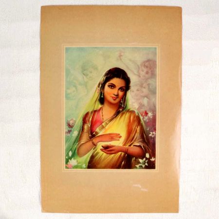 Vintage Oleograph Paper Print of Lady Holding Oil Lamp