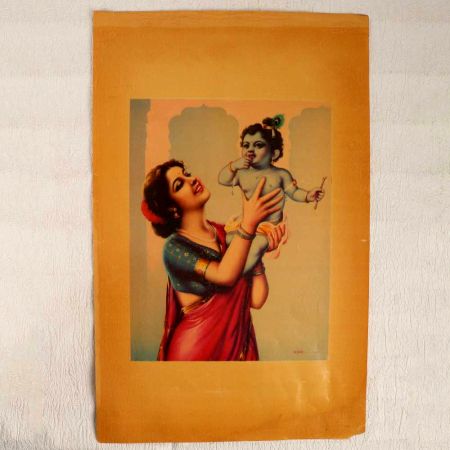 Vintage Oleograph Paper Print of Baby Lord Krishna and Yashoda Maa
