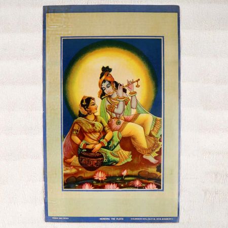 Vintage Oleograph Paper Print of Lord Krishna and Goddess Radha