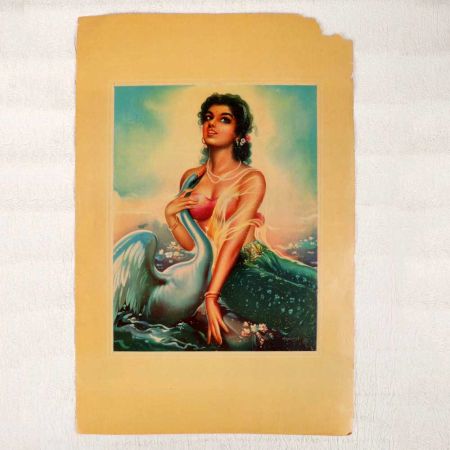 Vintage Oleograph Paper Print of a Lady with Swan for DÃ©cor