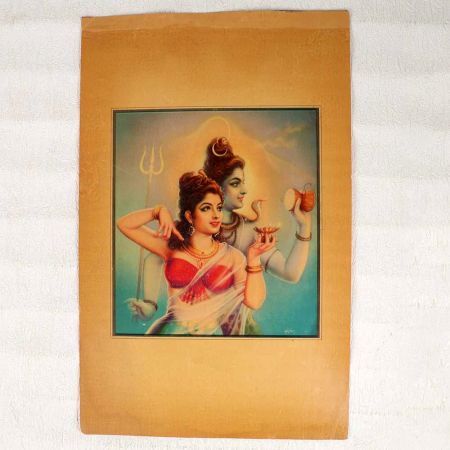 Vintage Oleograph Paper Print of Lord Shiva and Goddess Parvati