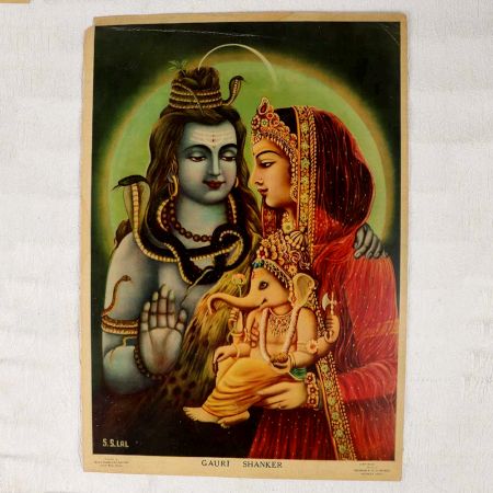 Vintage Oleograph Paper Print of Gauri Shankar for Prayer Room