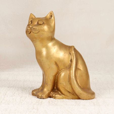 Handcrafted Vintage Brass Cat Statue in Brown Finish for Decor