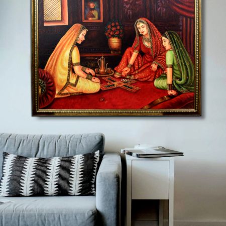 Vintage Canvas Painting of Three Lady Playing Chausar