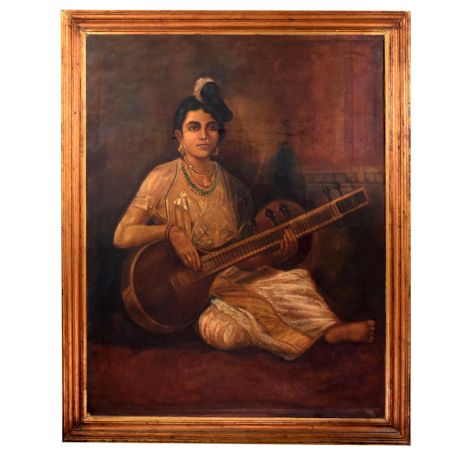 Hand Painted Canvas Oil Painting of Lady Playing Sitar