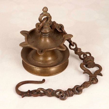 Northern Indian Hanging Brass Oil Lamp with Chain for Prayer Room