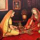 Vintage Canvas Painting of Three Lady Playing Chausar