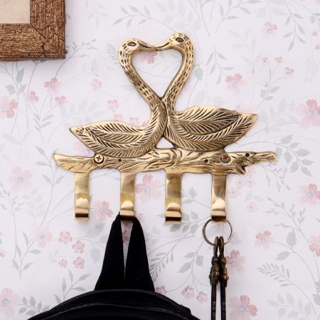 Handmade Two Brass Swan with 4 Hooks Crafted Key Holder